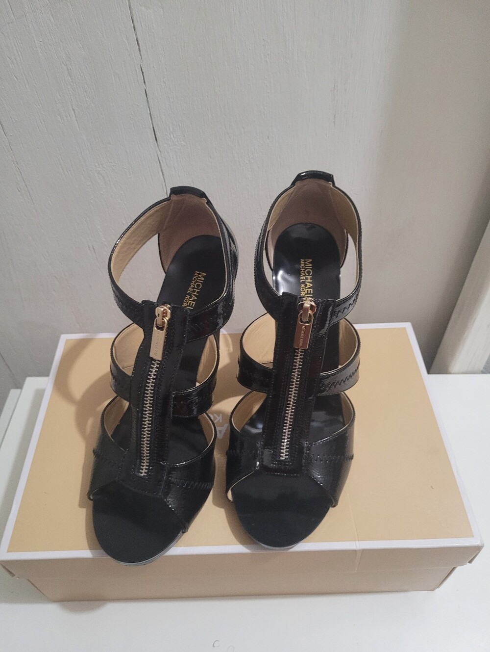 Michael Kors Black Patent Zipper-Strap Heeled Sandals